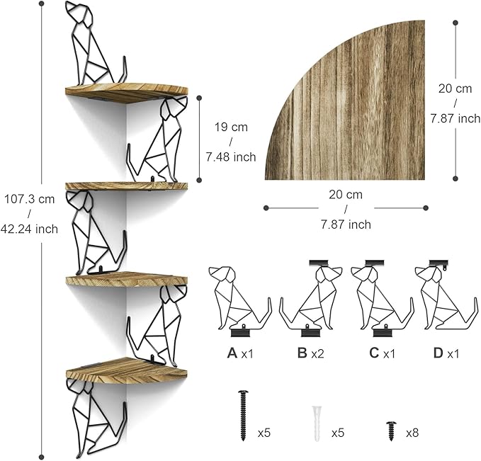 Alsonerbay Corner Shelf Wall Mount, 4 Tier Floating Shelves for Wall Storage, Rustic Wood Shelves for Bedroom, Living Room, Bathroom, Entryway, Garage (Dog Shaped)