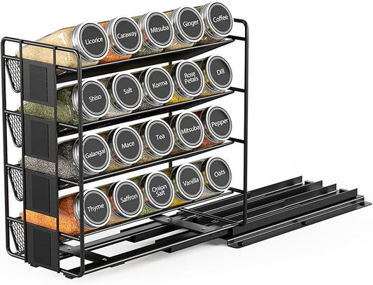 SpaceAid Pull Out Spice Rack Organizer with 20 Jars, Heavy Duty Slide Out Seasoning Organizer for Kitchen Cabinets, with 801 Labels and Chalk Marker, Right Facing