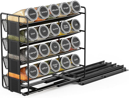 SpaceAid Pull Out Spice Rack Organizer with 20 Jars, Heavy Duty Slide Out Seasoning Organizer for Kitchen Cabinets, with 801 Labels and Chalk Marker, Right Facing (Pack of 2)