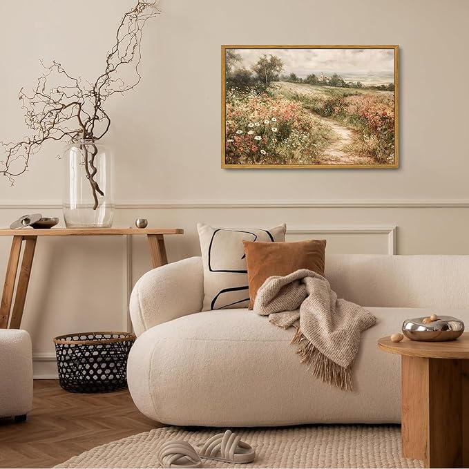 OIQArtOIQ Framed Canvas Wall Art,Vintage Decor,Landscape Nature Country Wildflower Paintings Farmhouse Pictures Modern Artwork Rustic Fall Flower Prints Cottagecore Office Living Room Bedroom Bathroom