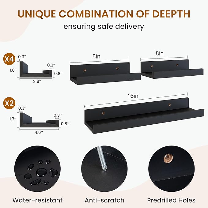 Axeman Picture Ledge Shelf, Floating Shelves for Decor Storage Set of 6, 16 inch Floating Wall Mounted Shelves, Wall Shelves with Lip for Living Room, Bedroom, Nursery, Bathroom, Kitchen, Black
