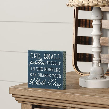 Barnyard Designs Wooden Box Sign Motivational Desk Decor, Inspirational Office Desk Decorations for Women Office Bathroom Shelf Décor (Positive Thought)