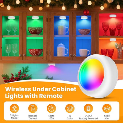 LED Puck Lights with Remote Control, 16 Color Changing Under Cabinet Lighting with Dimmer & Timer, AAA Battery Operated,Under for Closet Bedroom Kitchen, Stair (12 Pack White)