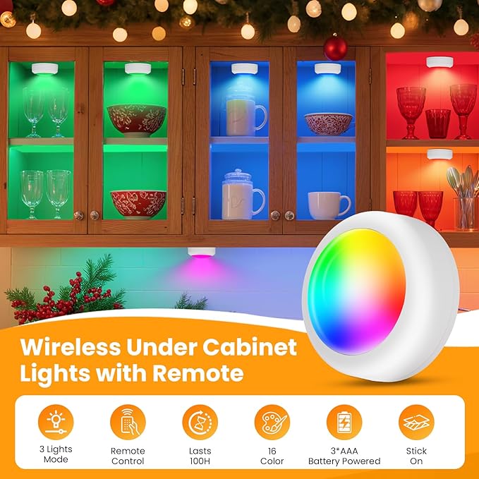 LED Puck Lights with Remote Control, 16 Color Changing Under Cabinet Lighting with Dimmer & Timer, AAA Battery Operated,Under for Closet Bedroom Kitchen, Stair (3 Pack White)
