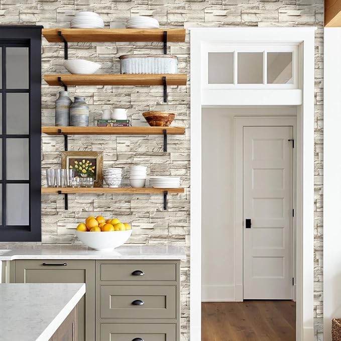 Jeweluck Stone Wallpaper Peel and Stick Brick Wallpaper 17.7”×196.8” Brick Contact Paper Peel and Stick Wall Paper Bathroom Faux Stone Backsplash for Kitchen Removable Decorative for Walls Vinyl