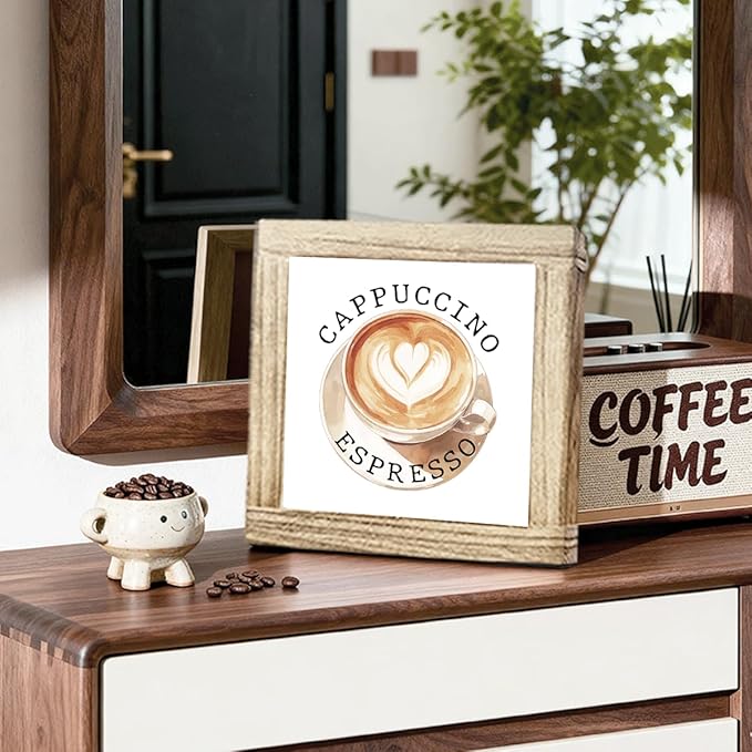 Coffee Decor sign Cappuccino Espresso Handmade Wooden Coffee Sign Rustic Cafe Wall Art For Kitchen Bar Office Decoration Gift For Coffees Connoisseurs Vintage Style Wood Cafe Decor 5.9x5.9 Inch