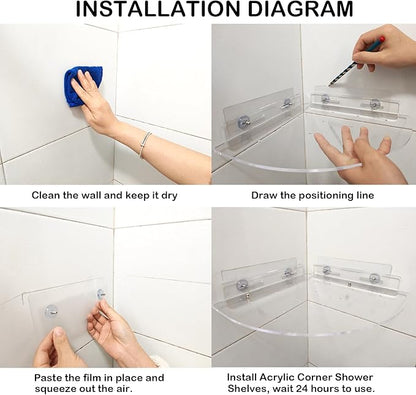 Acrylic Corner Shower Caddy Shelf 2 Pack - Wall Mounted Bathroom Shelves for Glass/Tile/Smooth Walls, Space Saving Storage Organizer for Shower, Kitchen, Bedroom & Toilet Corner