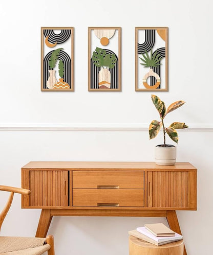Putuo Decor Boho Abstract Wall Art Set of 3, Modern Minimalist Wooden Wall Decor, Geometric Aesthetic Botanical Artwork, Mid-Century Modern Design for Living Room, Bedroom, Office, Black 16.5 x 8.6