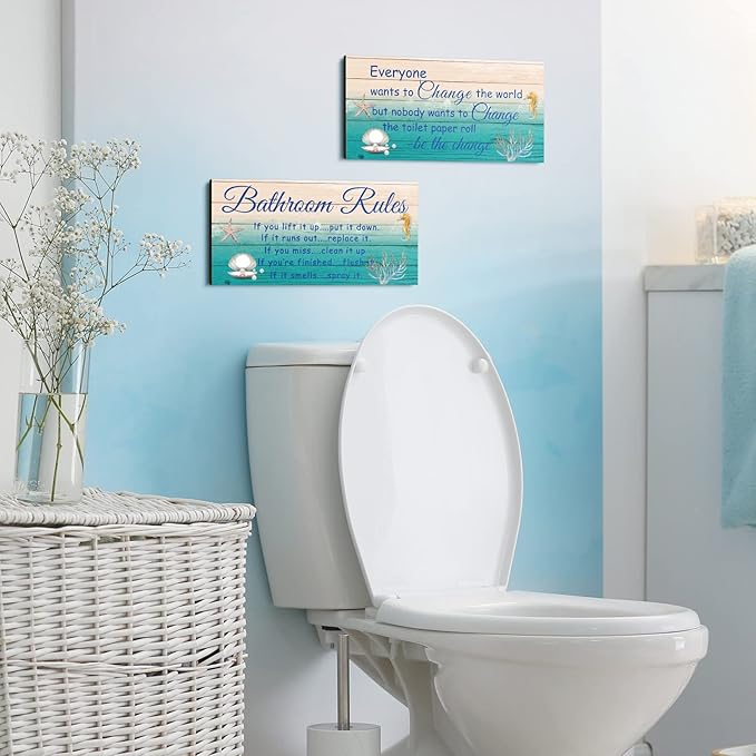 Jetec 2 Pieces Funny Bathroom Signs Bathroom Wall Decor Toilet Wall Accessories Farmhouse Toilet Rustic Wooden Signs, 12x6 Inch(Sea World Style)