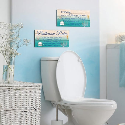 Jetec 2 Pieces Funny Bathroom Signs Bathroom Wall Decor Toilet Wall Accessories Farmhouse Toilet Rustic Wooden Signs, 12x6 Inch(Sea World Style)