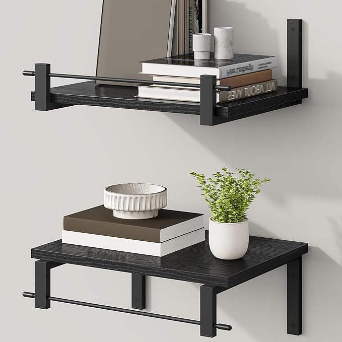 Deep Floating Shelves for Wall, 12 inch Wall Mounted Shelves Set of 2, Wide Floating Shelves for Living Room, Bedroom, Study, Bathroom, Black TBJ02P2BB
