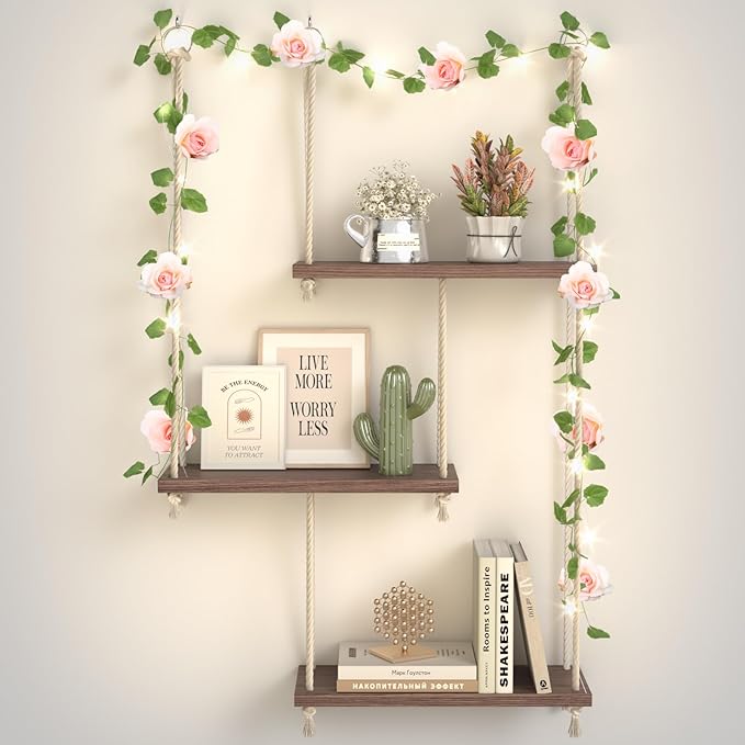 Hanging Shelves for Wall, 3 Tier Boho Hanging Plant Shelf, Floating Shelves Rope Rustic Wood Organizer Storage Hanger Rack for Aesthetic Home Bedroom Kitchen Bathroom (Champagne Flower)