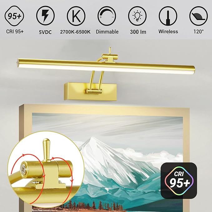 2 Pack Picture Light Battery Operated for Wall, 16" Wireless Art Lighting for Painting, 6 Colors Picture Frame Lights with Remote, Dimmable 5200mAh Gallery Light, Gold