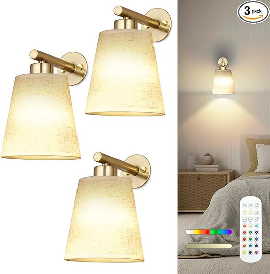Battery Operated Wall Sconce Set of 2,Gold Rechargeable Wall Lights with Lampshade Dimmable RGB Bulbs and Remote,15 Colors Wireless Wall Lamps for Bedroom Living Room (Gold-3P)