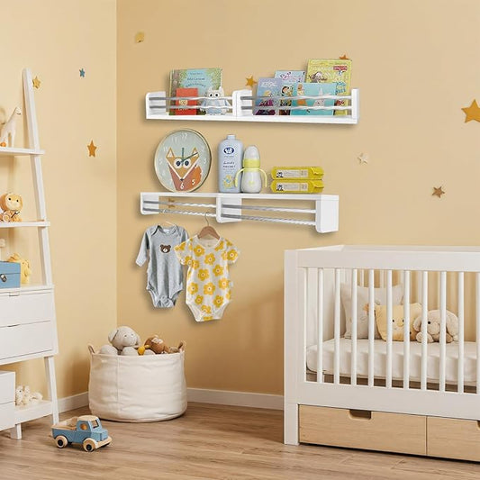 Nursery Wall Book Shelves Set of 4, 16" Solid Pine Wood Floating Book Ledges with Dual Safety Rails, Wall Mounted Kids Bookshelf for Baby & Toddler Books, Toys & Decor, Reversible Install, Silver