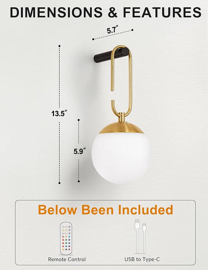 Battery Operated Wall Sconces Set of 2, Black & Gold Wireless Hanging Opal Glass Globe Wall Lamp with Touch & Remote, 12 RGB Colors & 3 Color Modes, Rechargeable Dimmable Wall Light for Bedroom