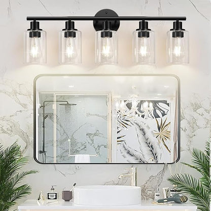 5-Light Bathroom Light Fixtures, Black Modern Vanity Lights with Clear Glass Shade, Bathroom Wall Lamp for Mirror Kitchen Living Room Hallway Cabinet Porch