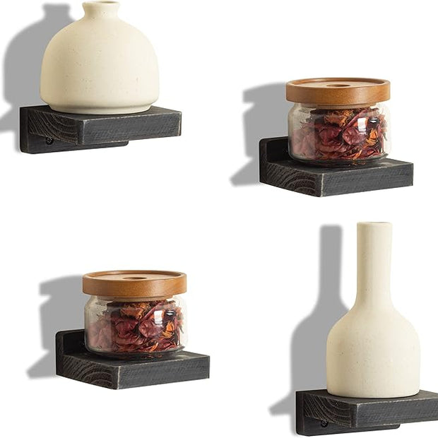 Freezing point Small Floating Shelf for Wall Set of 4 Natural Wood 4Inch Mini Wall Shelves Decor Plant Display Collectibles Mounted Kitchen Bathroom Bedroom Corner Decorative Storage Tiny Stand Black