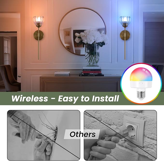 Vintage Battery Operated Wall Sconce Set of 2,Rechargeable Wall Lights with RGB Dimmable Detachable Bulbs and Remote,LED Wireless Wall Lamps for Bedroom Living Room Hallway
