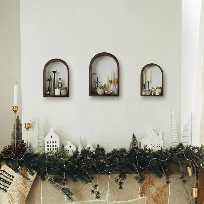 3 Set Wall Shelf 9.8 x 7.1 Inch Wooden Hanging Shelf Deep Display Storage Shelves Floating Shelves for Home Office Room Mini Figures Potted Plants Wall Decor(Arched,Brown)