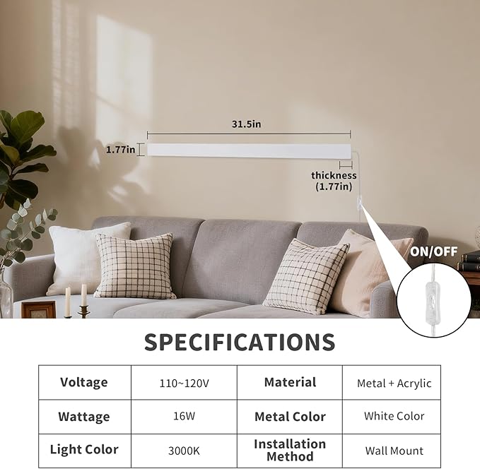 Modern Plug in Wall Lights, 31.4 inch Frosted White LED Long Wall Sconce, 16W Warm White 3000K Acrylic Indoor Wall lamp,with 59" Plug Cable for Bedroom, Living Room, Hallway