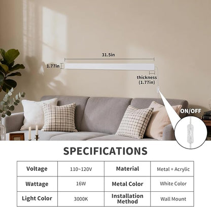 Modern Plug in Wall Lights, 31.4 inch Frosted White LED Long Wall Sconce, 16W Warm White 3000K Acrylic Indoor Wall lamp,with 59" Plug Cable for Bedroom, Living Room, Hallway