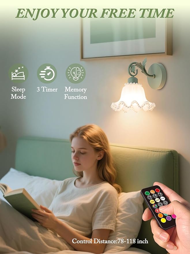Battery Operated Wall Sconce,Wireless Rechargeable Wall Light with 5400mAh Bulbs & Remote & Timer,9 RGB and 3CCT Dimmable Wall Lamp for Bedroom,Living Room,Hallway Wall Decor