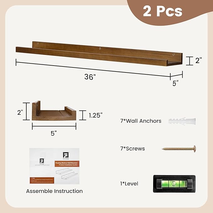 Picture Ledge Shelf for Wall, 36 inch Solid Ash Wood Nursery Book Shelves 2 Packs, Floating Shelves for Kids' Room Bedroom Bathroom Living Room Photo Frames Office Nursey Wall Decor, Walnut