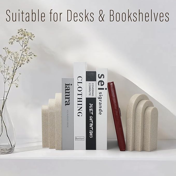 Heavy Duty Bookends for Shelves, 6.6 LBS Heavy Book Ends for Heavy Books, Decorative Modern Bookends with Faux Sandstone Look, Layered Arch Book Stopper for Bookshelf Holder Set of 2, Beige