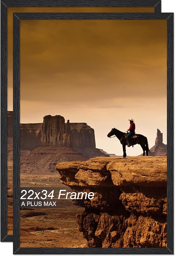 A PLUS MAX 22x34 Picture Frame Set of 2, Black Engineered Wood Frame for 22 x 34 Inch Picture Poster Photo, Light Weight 22 by 34 Frame with Wood-grain for Wall - 2 Pack/Black/22 x34