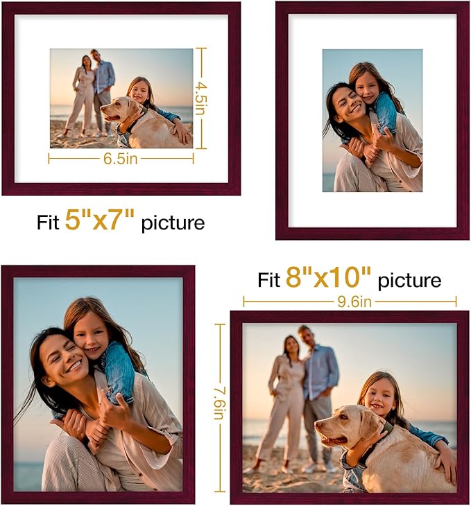 Vittanly 8x10 Picture Frames Set of 4, Display Pictures 5x7 with Mat or 8x10 without Mat, Gallery Frame Set for Wall or Tabletop Display, Engineered Wood with Shatter Resistant Plexiglass, Cherry Red