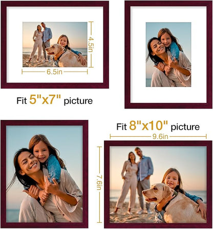Vittanly 8x10 Picture Frames Set of 4, Display Pictures 5x7 with Mat or 8x10 without Mat, Gallery Frame Set for Wall or Tabletop Display, Engineered Wood with Shatter Resistant Plexiglass, Cherry Red