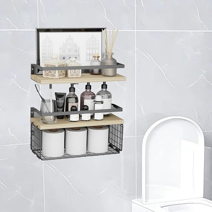 Floating Shelves with Wire Storage Basket for Toilet Paper, Wall Decor for Bathroom/Living Room/Kitchen/Bedroom, (Gold-White-Gold) Shelves for Home Decor