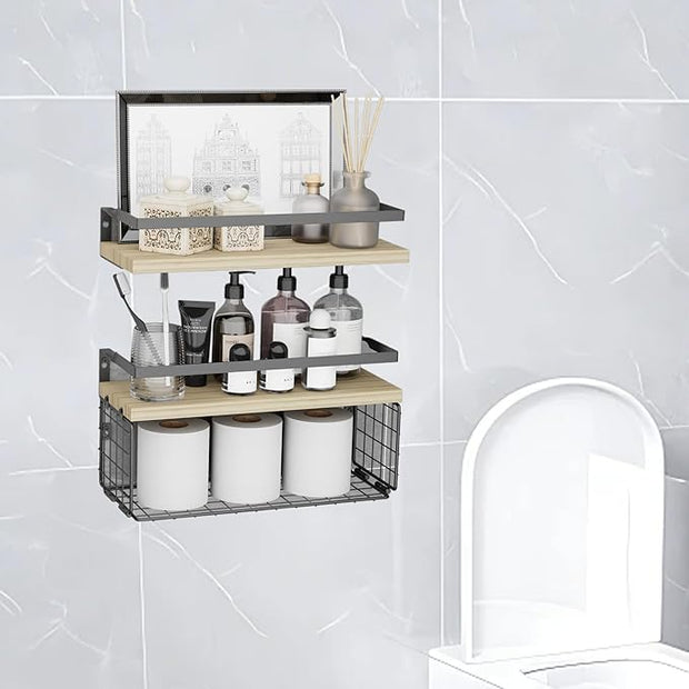 Floating Shelves with Wire Storage Basket for Toilet Paper, Wall Decor for Bathroom/Living Room/Kitchen/Bedroom, (Black-Natural-Black) Shelves for Home Decor