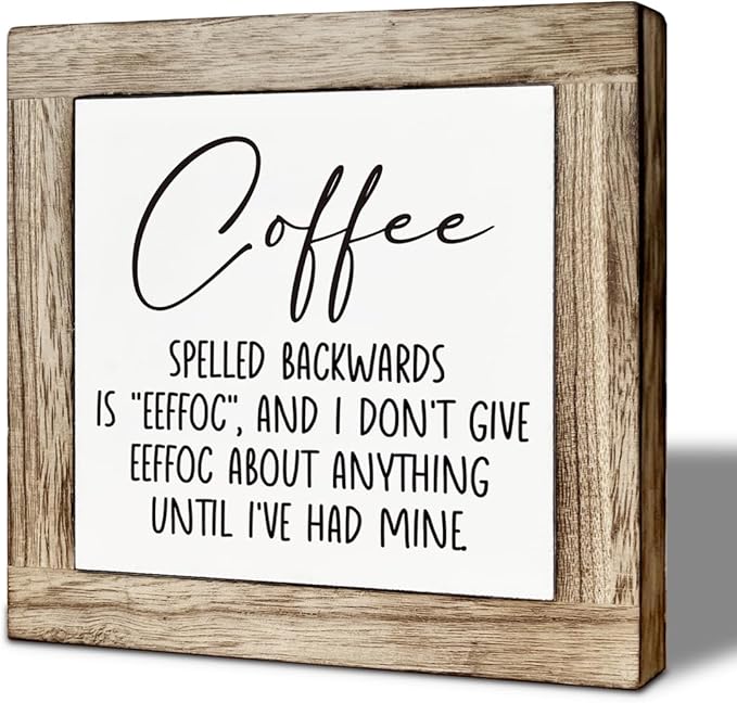 Farmhouse Coffee Wood Decor, Coffee Spelled Backwards Sign, Rustic Farmhouse Cafe Bar Decoration Accessories, Cafe Decor for Table, Funny Office Desk Decoration 5.9X5.9 Inches