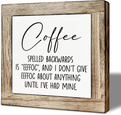Farmhouse Coffee Wood Decor, Coffee Spelled Backwards Sign, Rustic Farmhouse Cafe Bar Decoration Accessories, Cafe Decor for Table, Funny Office Desk Decoration 5.9X5.9 Inches