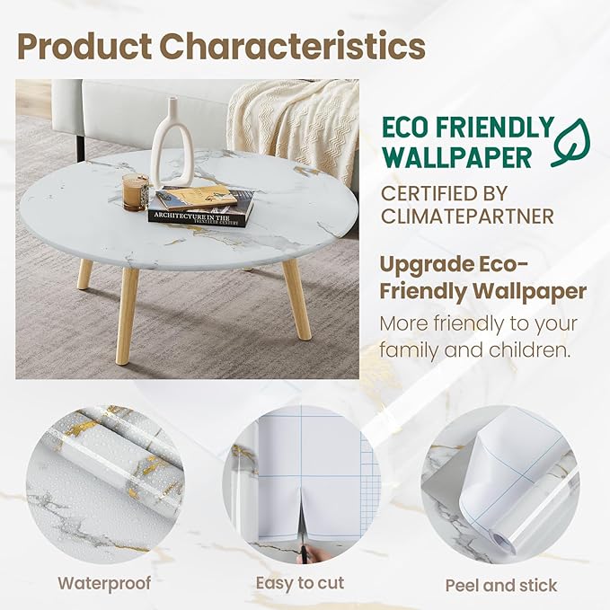 practicalWs Glossy Marble Wallpaper Peel and Stick White/Gold Granite Contact Paper Removable Wall Paper for Kitchen Countertop Cabinet Furniture 11.8