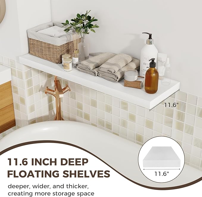 Fun Memories 12 Deep Floating Shelves, 40W x 12D Floating Shelves for Wall Set of 2, Extra Deeper Hanging Wood Shelves for Wall for Living Room Kitchen Laundry Room Kitchen Home Office - White