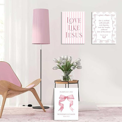 Coquette Pink Bow Wall Art Set of 3, Light Pink Bow Dorm Room Wall Decor Paintings, Inspirational Scripture Verses Canvas Posters Prints Pictures for Girls Dorm Room Bedroom Bathroom 12x16 Inch Framed