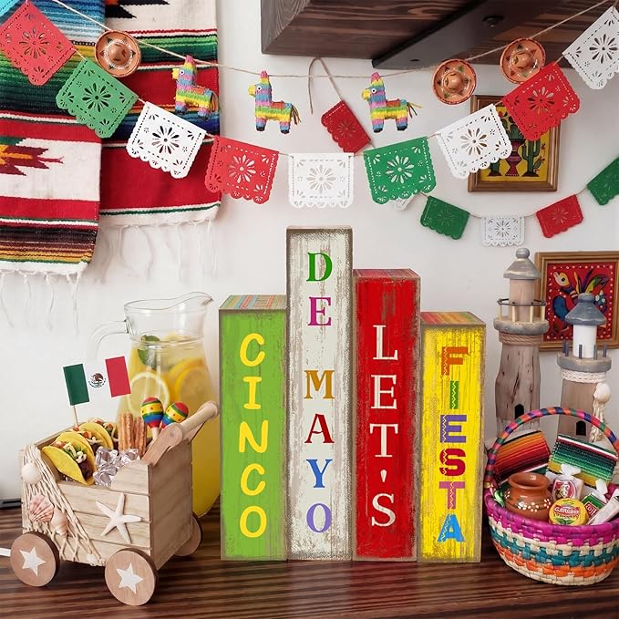 4 Pcs Cinco De Mayo Decor Wooden Books Stack Mexican Table Decorations Rustic Fiesta Tiered Tray Decor Sombrero Cactus Red Chili Centerpiece for Fiesta Mexican Birthday Party Decoration