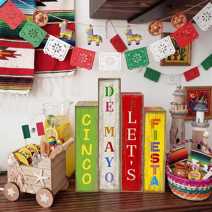 4 Pcs Cinco De Mayo Decor Wooden Books Stack Mexican Table Decorations Rustic Fiesta Tiered Tray Decor Sombrero Cactus Red Chili Centerpiece for Fiesta Mexican Birthday Party Decoration