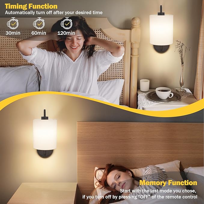 Battery Operated Wall Sconce Set of 2, Black Rechargeable Dimmable Wall Light Fixture Remote, 12 RGB Colors & Timer, Wireless Lamp White Shade