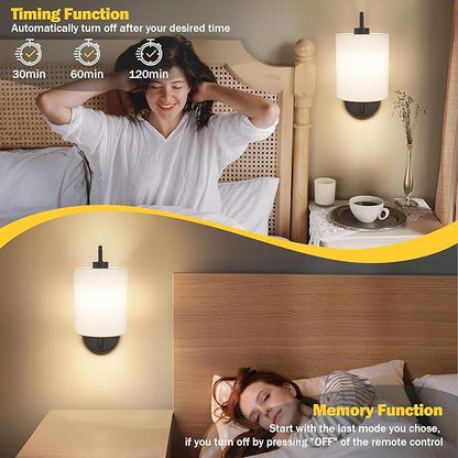 Battery Operated Wall Sconce Set of 2, Black Rechargeable Dimmable Wall Light Fixture Remote, 12 RGB Colors & Timer, Wireless Lamp White Shade