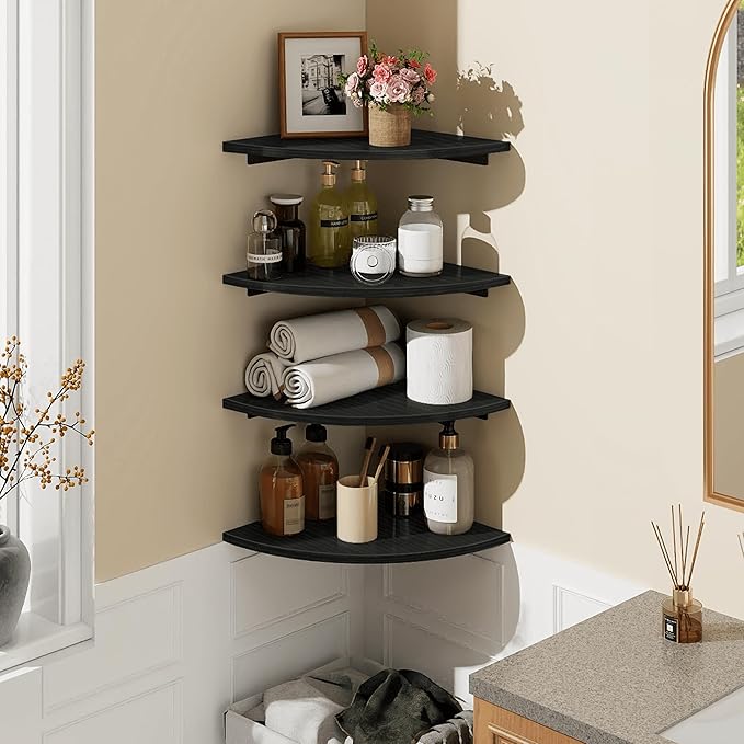 Homode Corner Shelf Wall Mount, 4 Tier Rounded Corner Floating Shelves, 12 Inch Deep Hanging Corner Shelf Storage, Wood Corner Wall Shelving for Living Room Bedroom Bathroom Kitchen, Black