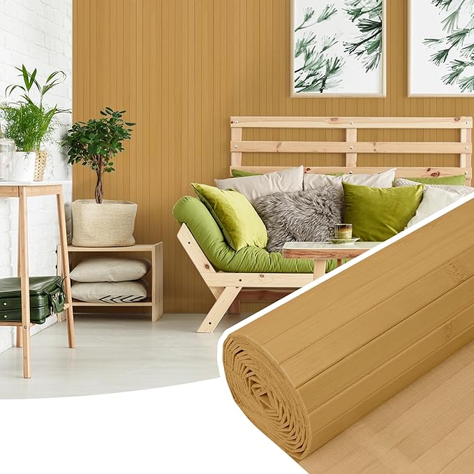 2 Pack Bamboo Wall Panel for Interior Wall Decor, Renewable Pole Wrap Wainscoting Roll Bamboo Covering Paneling for Wall Ceiling Office Bedroom Living Room (12" H x 96" L, Carbonized)