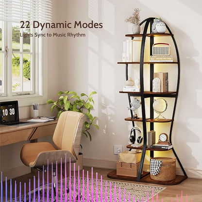 Artistic Fish-Inspired Corner Shelf with LED Lights, 6-Tier Tall Corner Bookshelf with Multi-Depth Display, Space-Saving Storage Unit with Remote Control for Bedroom & Living Room