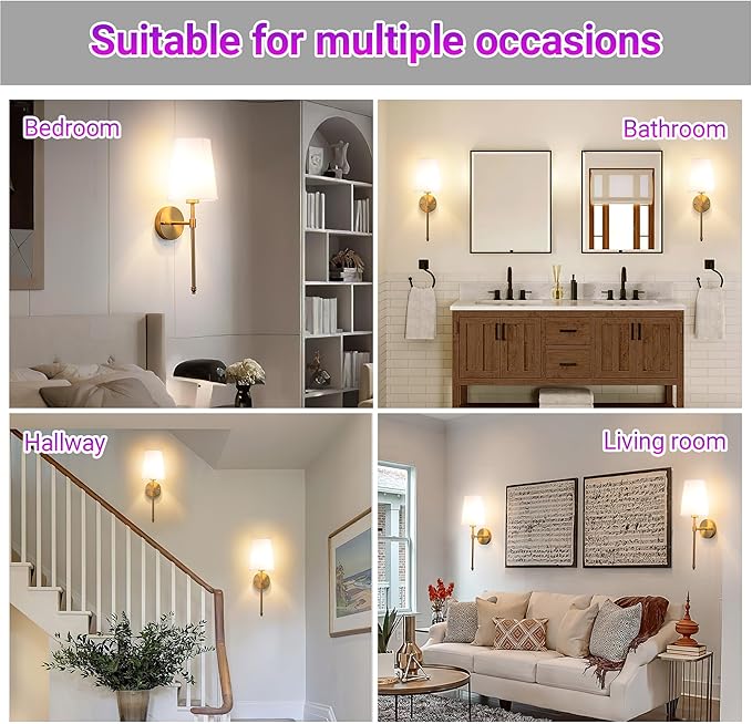 Rechargeable Battery Operated Wall Sconce Set of 2, Indoor Not Hardwired Dimmable Wall Lamps for Bedroom Living Room(Brass-White lampshade-20 inch)