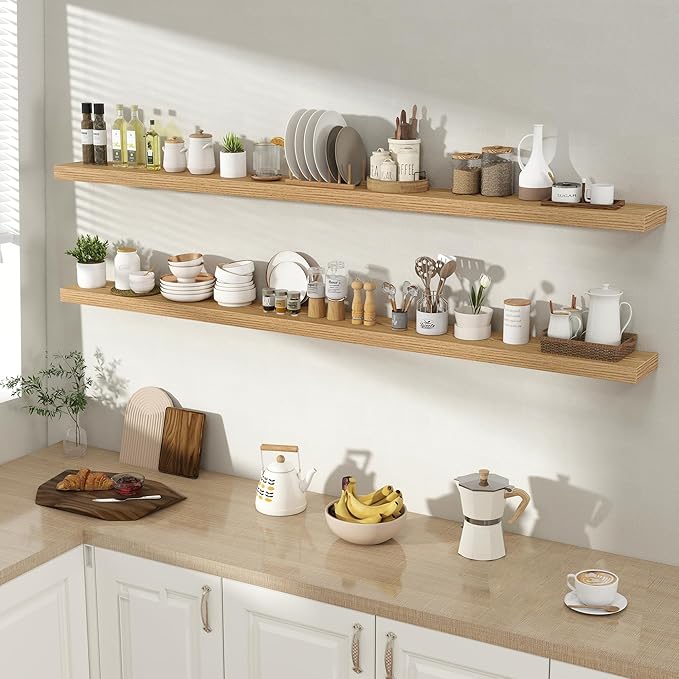 72 Inch Floating Shelves for Wall 2 Pack, 72" Wall Shelves for Books, Storage, Decor, Wall Mounted Floating Shelf with Invisible Brackets for Kitchen, Living Room, Light Brown