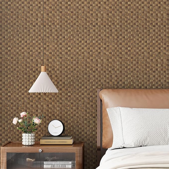 Dark Brown Rattan Wallpaper Peel and Stick Vintage Woven Contact Paper Vinyl Faux Cane Wallpaper Non-Textured Natural Rattan Contact Paper for Cabinets Shelf Liners Bathroom Walls 15.8