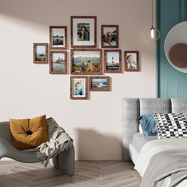 Vittanly Picture Frames Set of 10, Picture Frames Collage Wall Decor with Two 8x10, Four 5x7 and Four 4x6 Photo Frames, Gallery Wall Frame Set for Wall or Tabletop Display, Rustic Brown